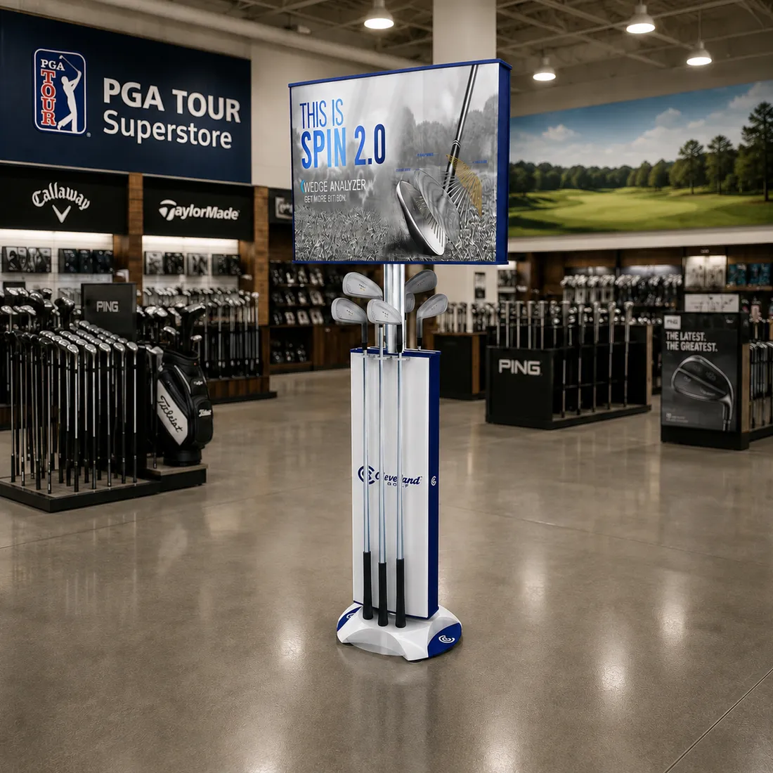 Cleveland Golf freestanding wedge display with billboard header and try-me clubs in a golf superstore