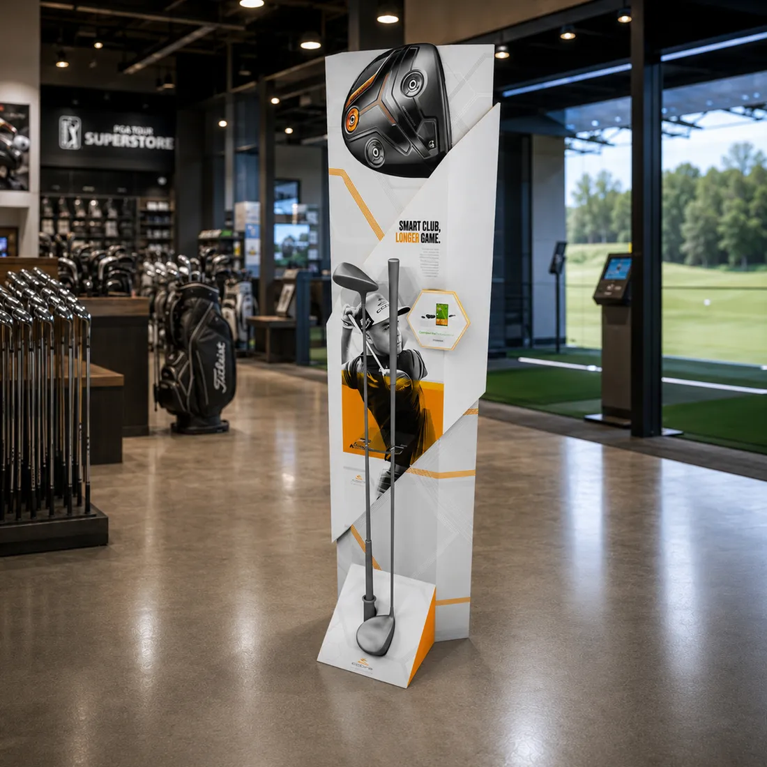 Cobra Golf freestanding floor display presenting a connected driver in a golf superstore