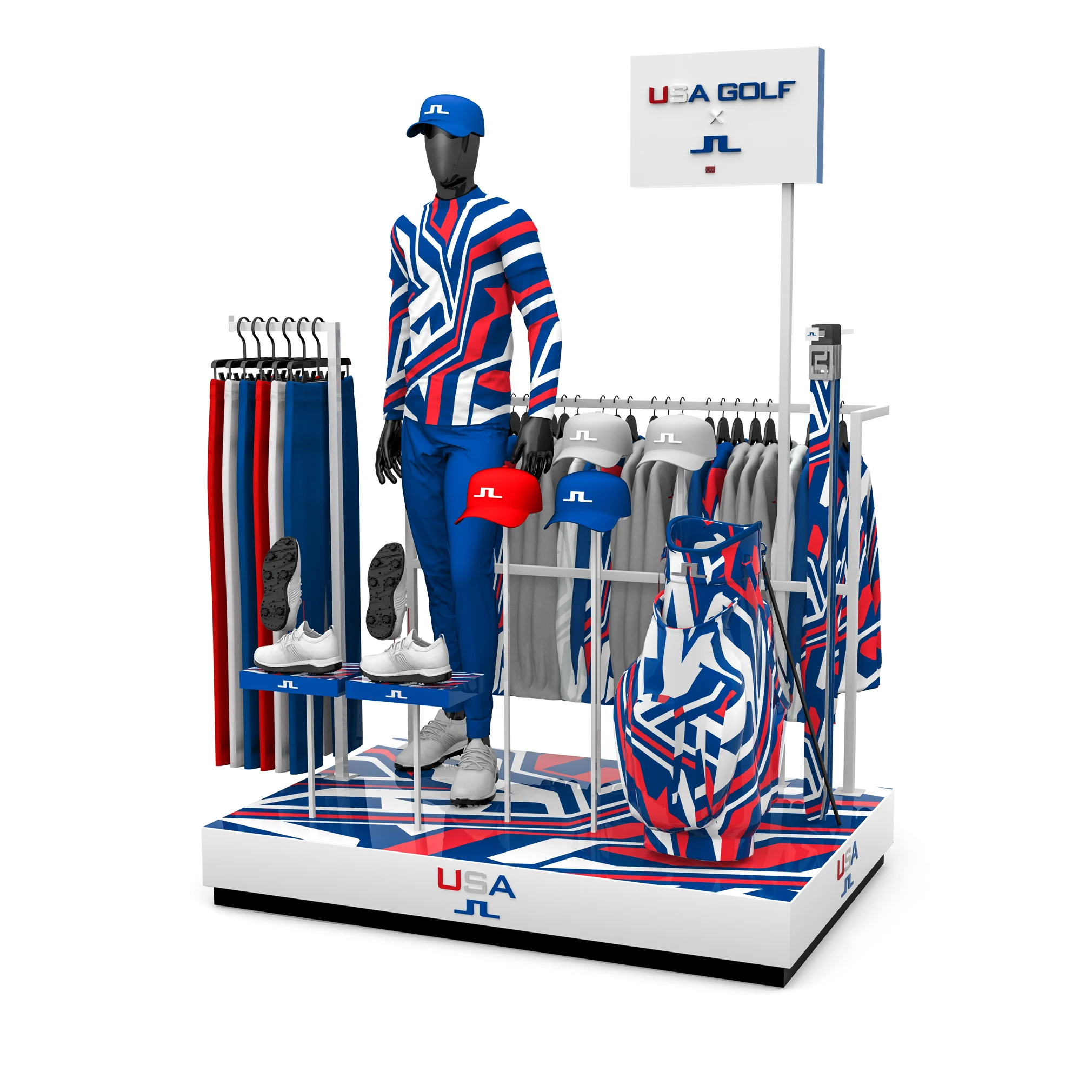 J.Lindeberg riser display, angled view showing apparel rack, mannequin, and patterned golf bag