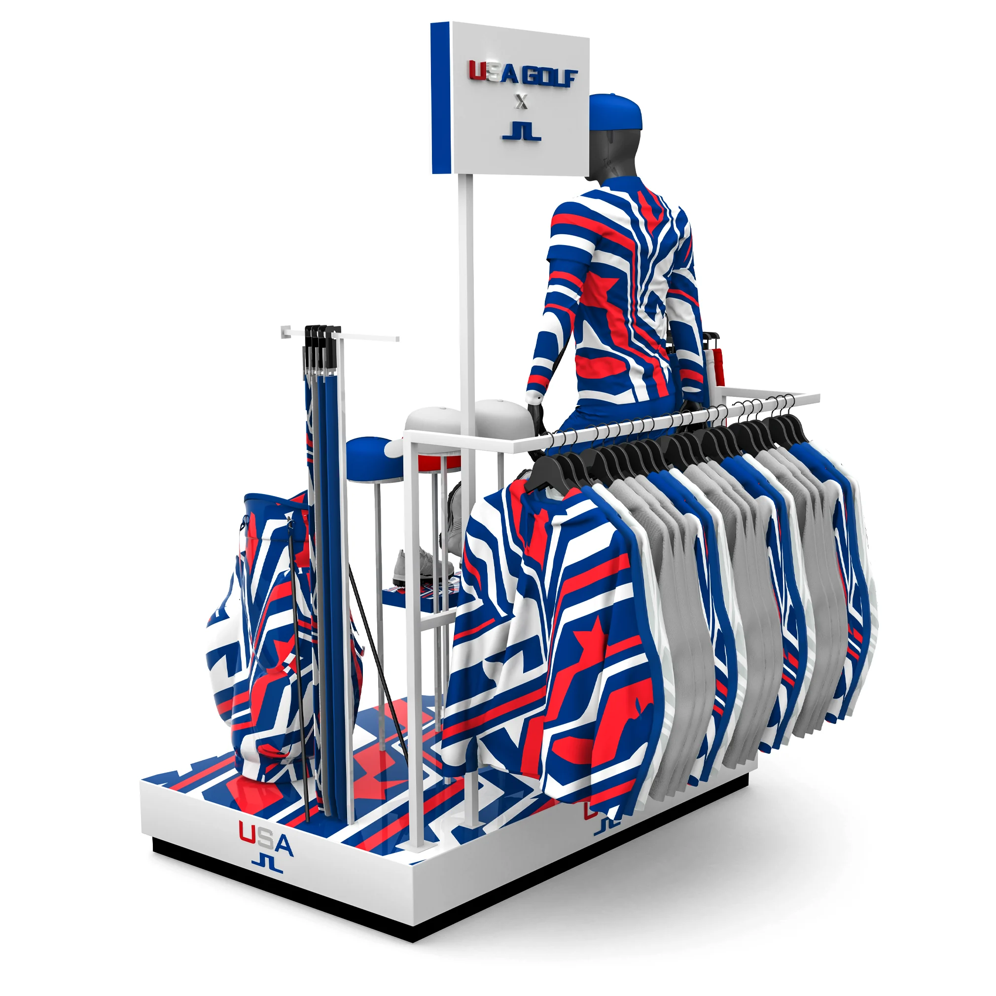 J.Lindeberg riser display, rear-angle view showing folded merchandise and hanging apparel