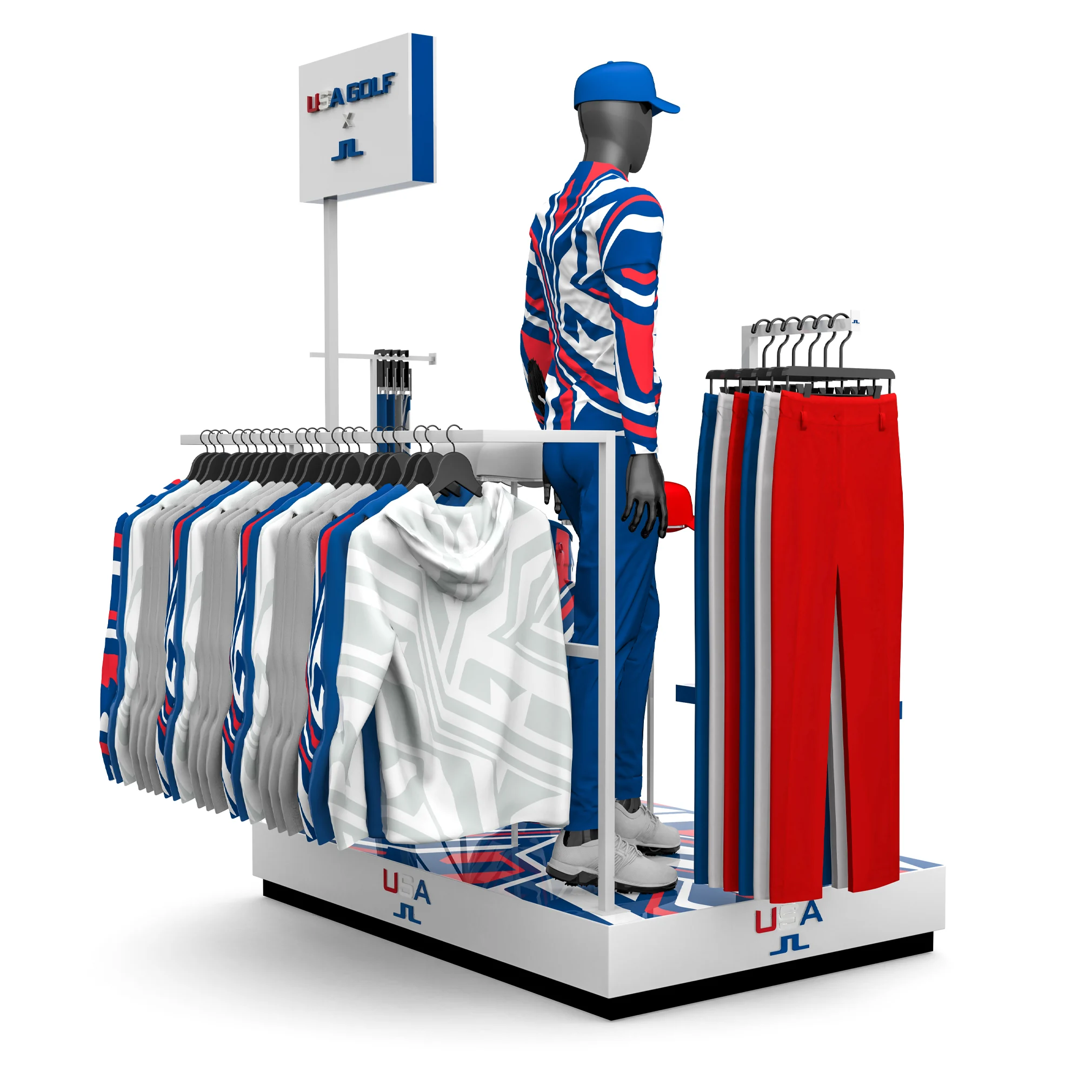 J.Lindeberg riser display, side view showing pants presentation and apparel groupings