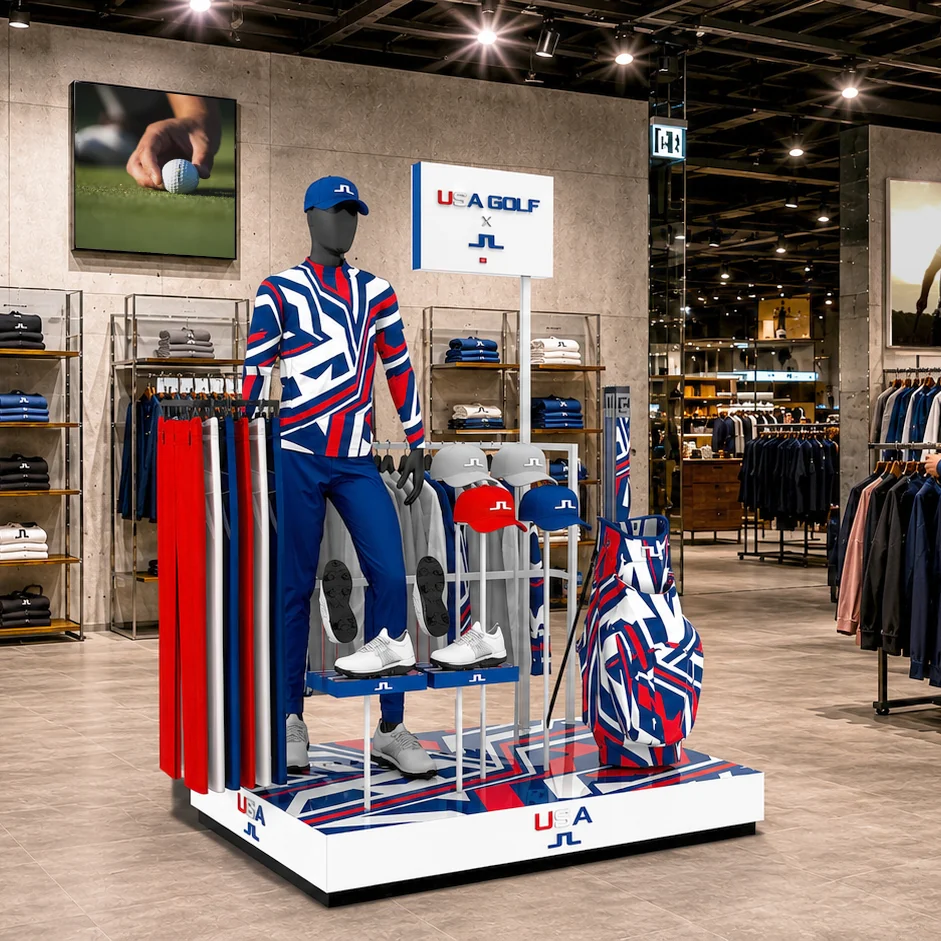 USA Golf x J.Lindeberg apparel and golf bag retail display in red, white, and blue