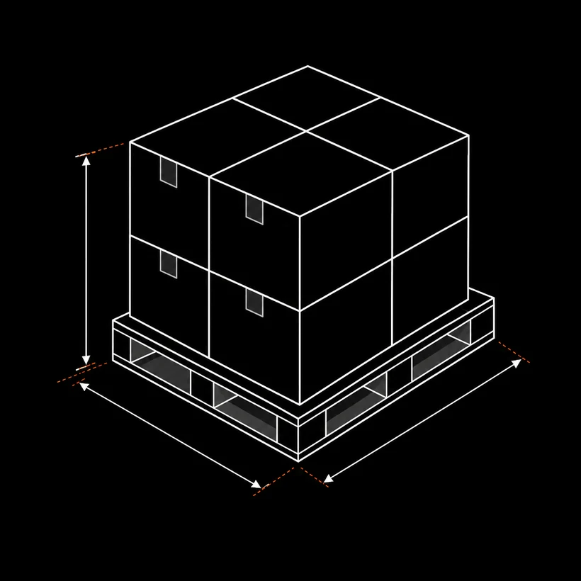 Isometric block pallet with stacked cartons and dimension callouts