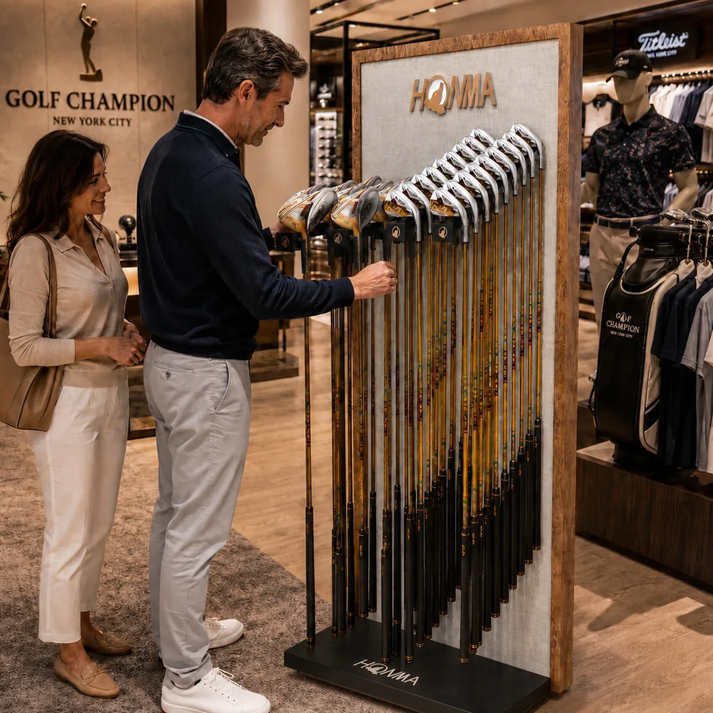 Honma golf club retail fixture in a premium golf store