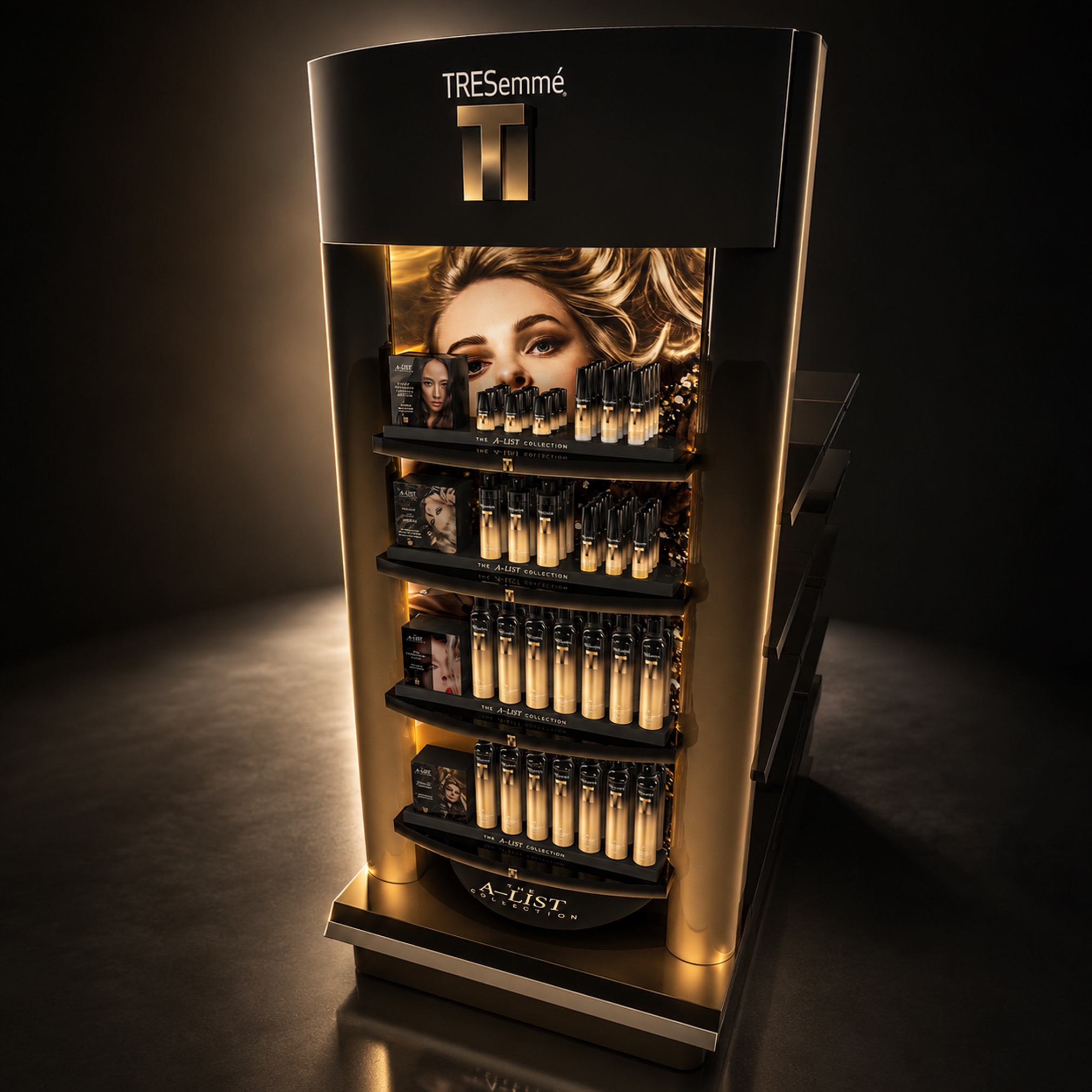 TRESemmé cosmetics retail display with illuminated shelving